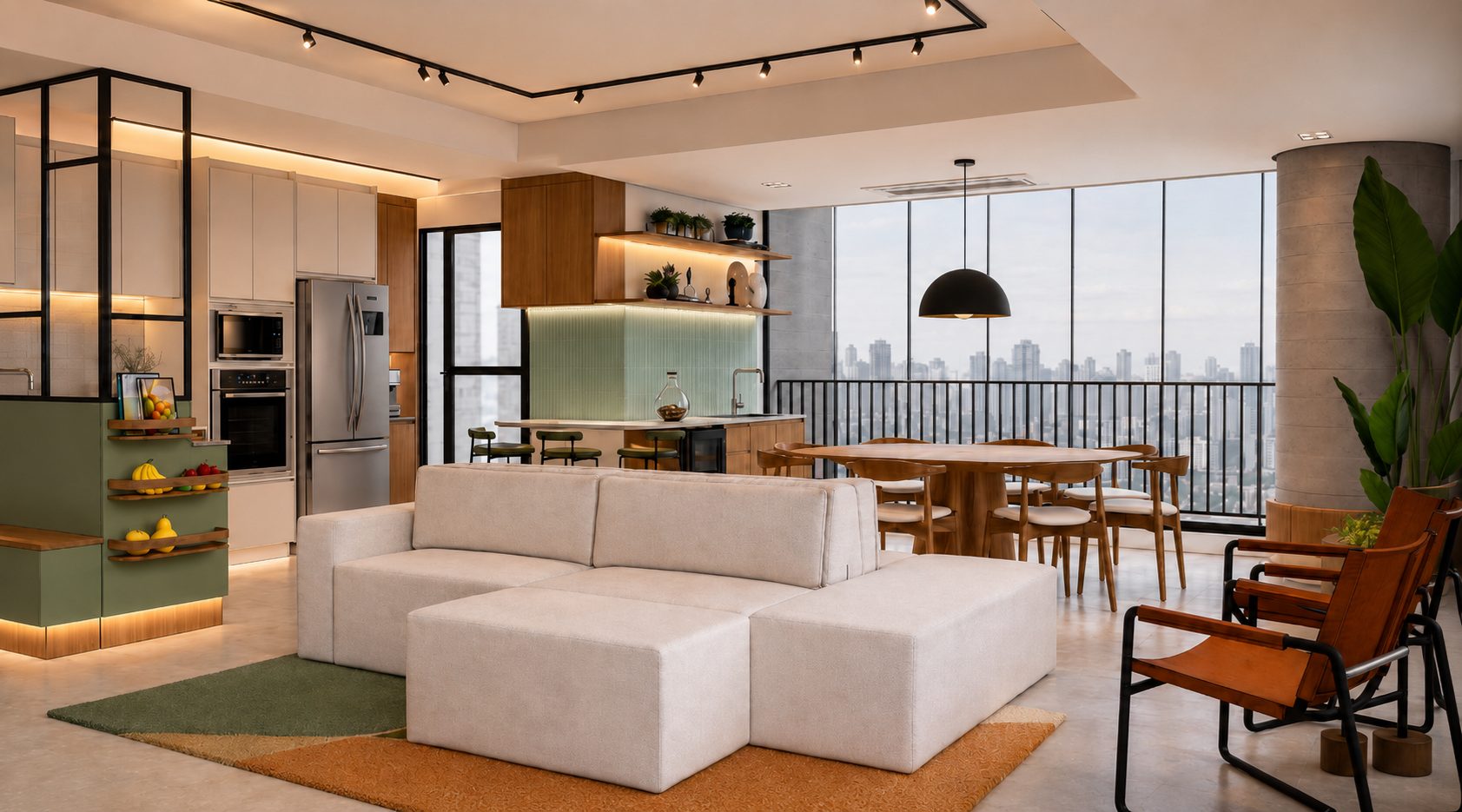 Sala de estar integrada à cozinha projetada pela Algraz Engenharia, com vista panorâmica da cidade